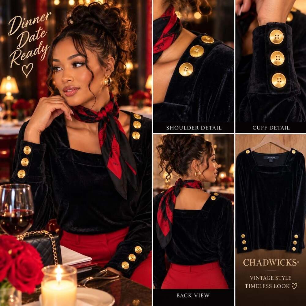 CHADWICKS Velvet Top Size L Black Gold Buttons Square Neck Long Sleeve